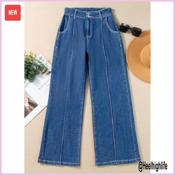 Wide Leg High Waisted Stretch Denim Jeans Baggy Casual Pants - Picture 6 of 8